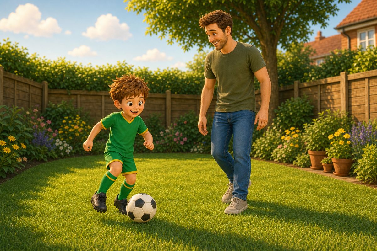 A dad and a boy mid-kickabout in a small UK garden in warm early-evening light, one quick ordinary moment rather than a long structured session