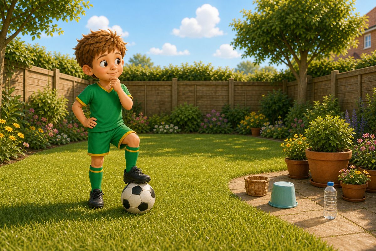 A boy pausing in the garden with a football at his feet, glancing between a few different spots as if deciding what to play, illustrating the moment of choosing between different five-minute games
