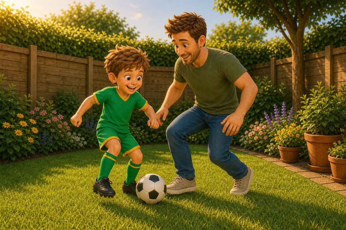 A dad and boy playing a quick, focused football game together in a small UK back garden in late-afternoon light