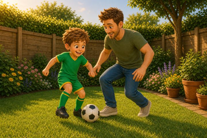 A dad and boy playing a quick, focused football game together in a small UK back garden in late-afternoon light