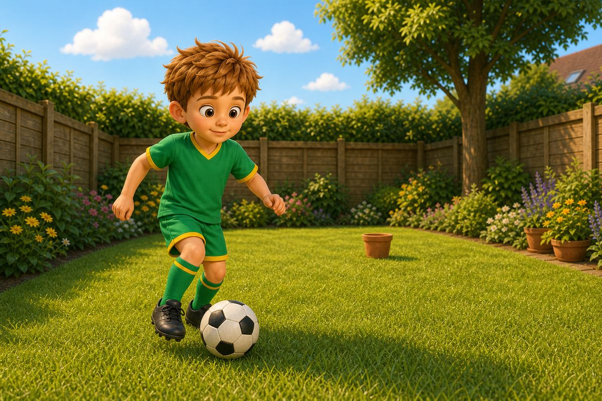 A boy dribbling a football with quiet concentration in a small UK garden, with a household object set up nearby as a target