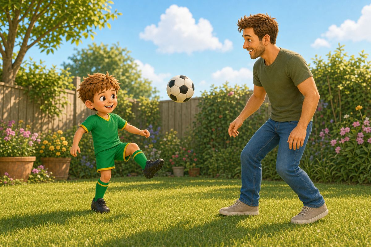 A dad and boy standing a short distance apart, keeping a football up together between them in a UK garden