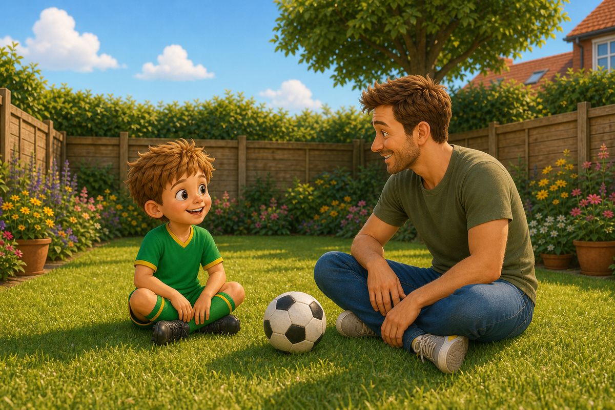 A dad sitting cross-legged on a small back lawn a stride away from his son, gently rolling a football between them, both relaxed and smiling slightly