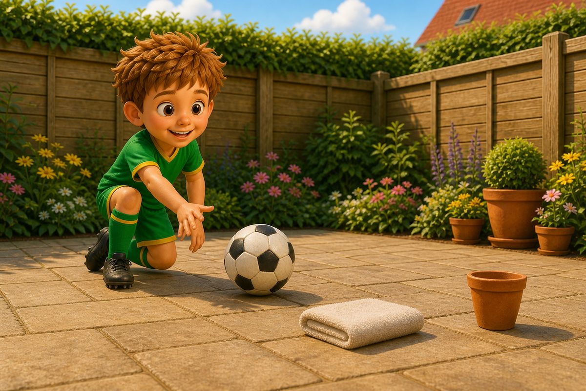 A boy gently rolling a football towards two small household items set out as targets on a patio, calm and focused
