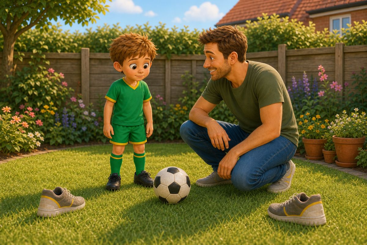 A dad crouching close beside his son on a small back lawn, both looking calmly at a football resting near a wide gate made of two trainers, mid-conversation before their first go