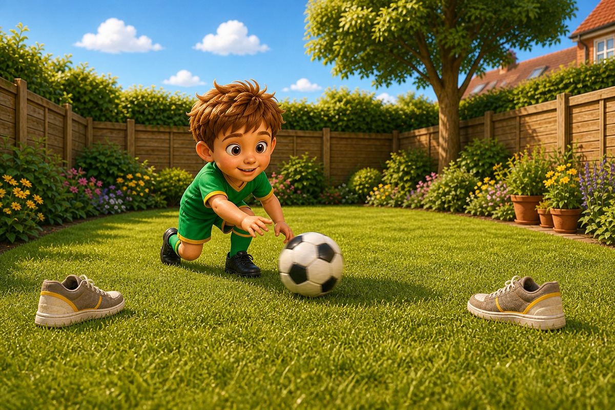 A boy gently rolling a football through a wide gate made of two trainers spaced further apart than usual, on a small back lawn