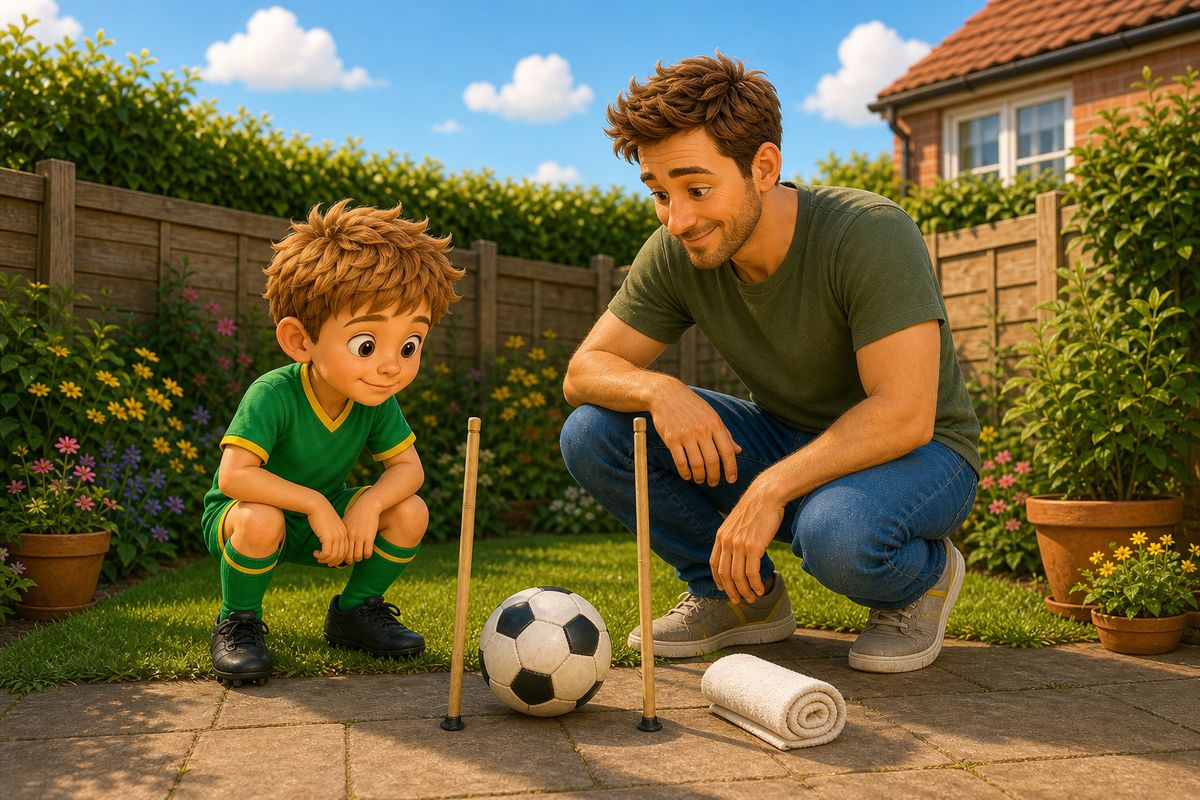 A boy and his dad in a small paved back garden with a football, a couple of garden canes, and a rolled towel laid out on the ground between them, checking over a simple kit before playing