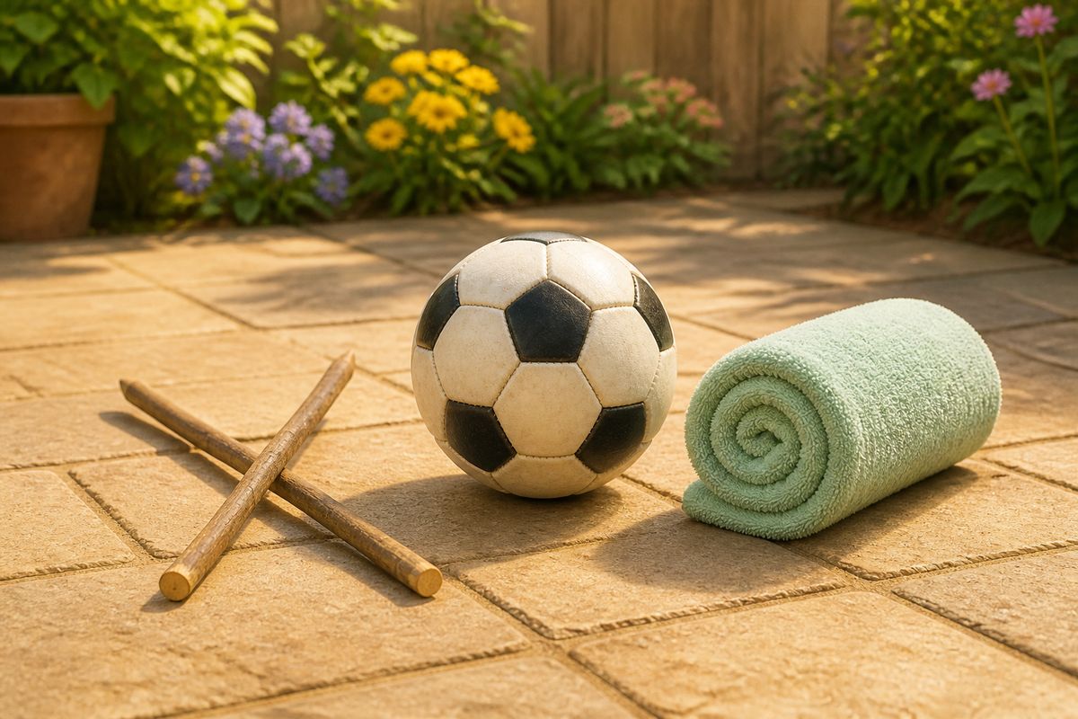 A football, two garden canes and a rolled towel laid out neatly on a patio, showing the small genuine kit needed for the 7-day challenge with nothing extra