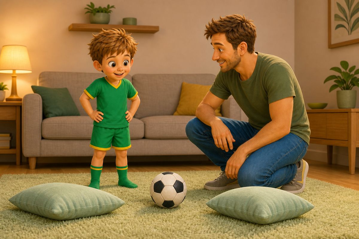 A dad and boy in a small, tidy UK living room with a soft football, a cleared coffee table pushed back and cushions laid out as a gate on the rug, both looking calmly at the setup before starting