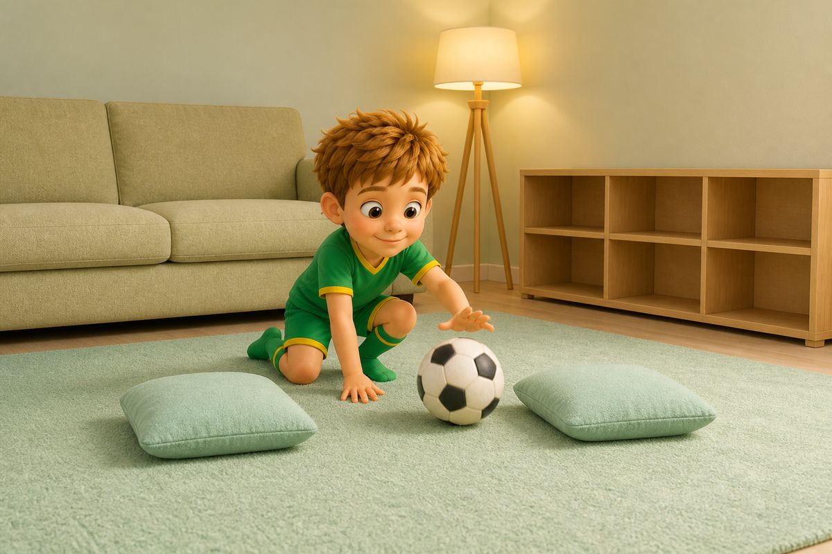 A boy gently rolling a soft football through a gate made of two cushions on a living room rug, a sofa and cleared low shelf visible behind him