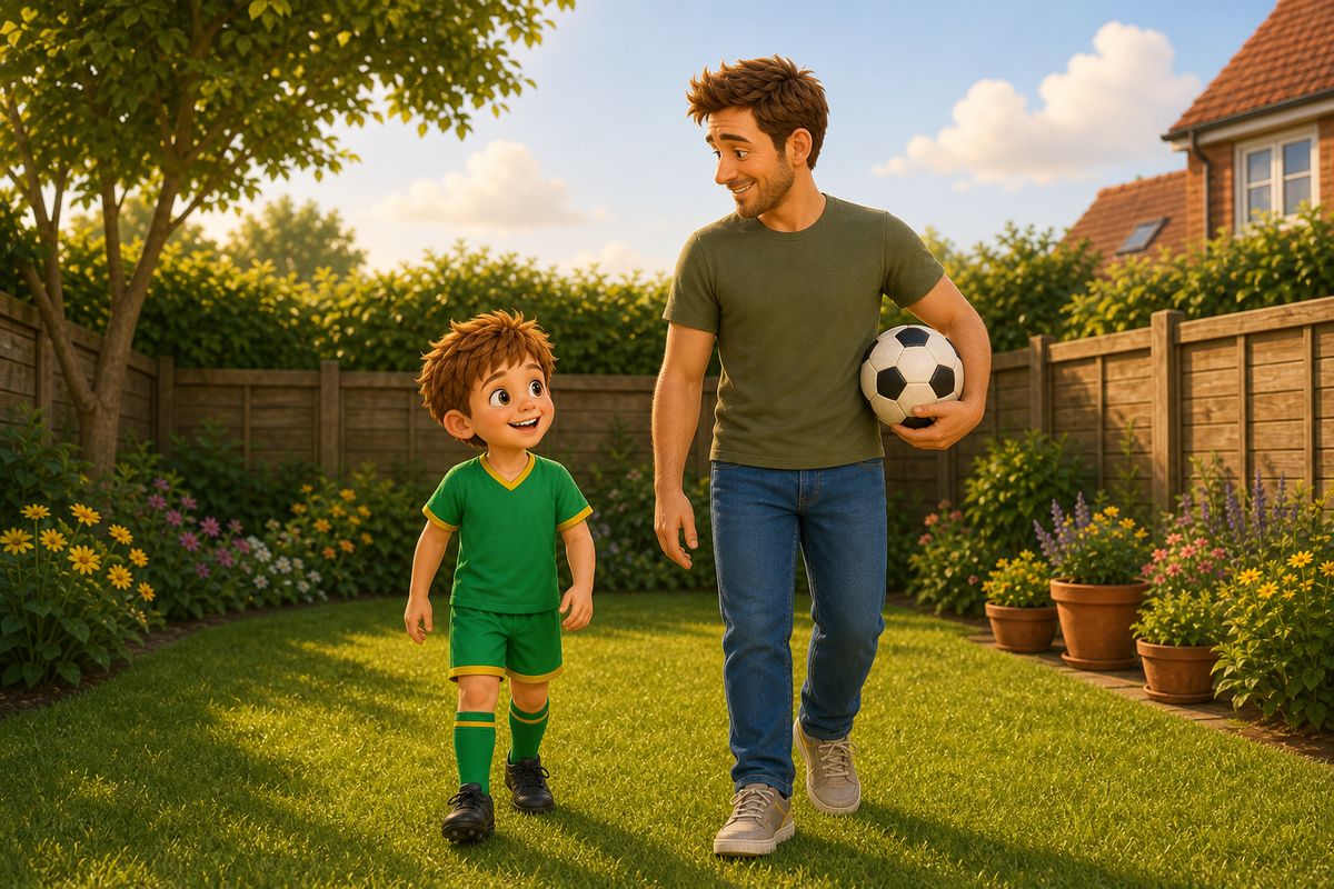 A dad and boy walking out onto a small back lawn together in early evening light, the dad carrying the football under one arm, both relaxed and unhurried as if picking up something ordinary rather than making a big event of it