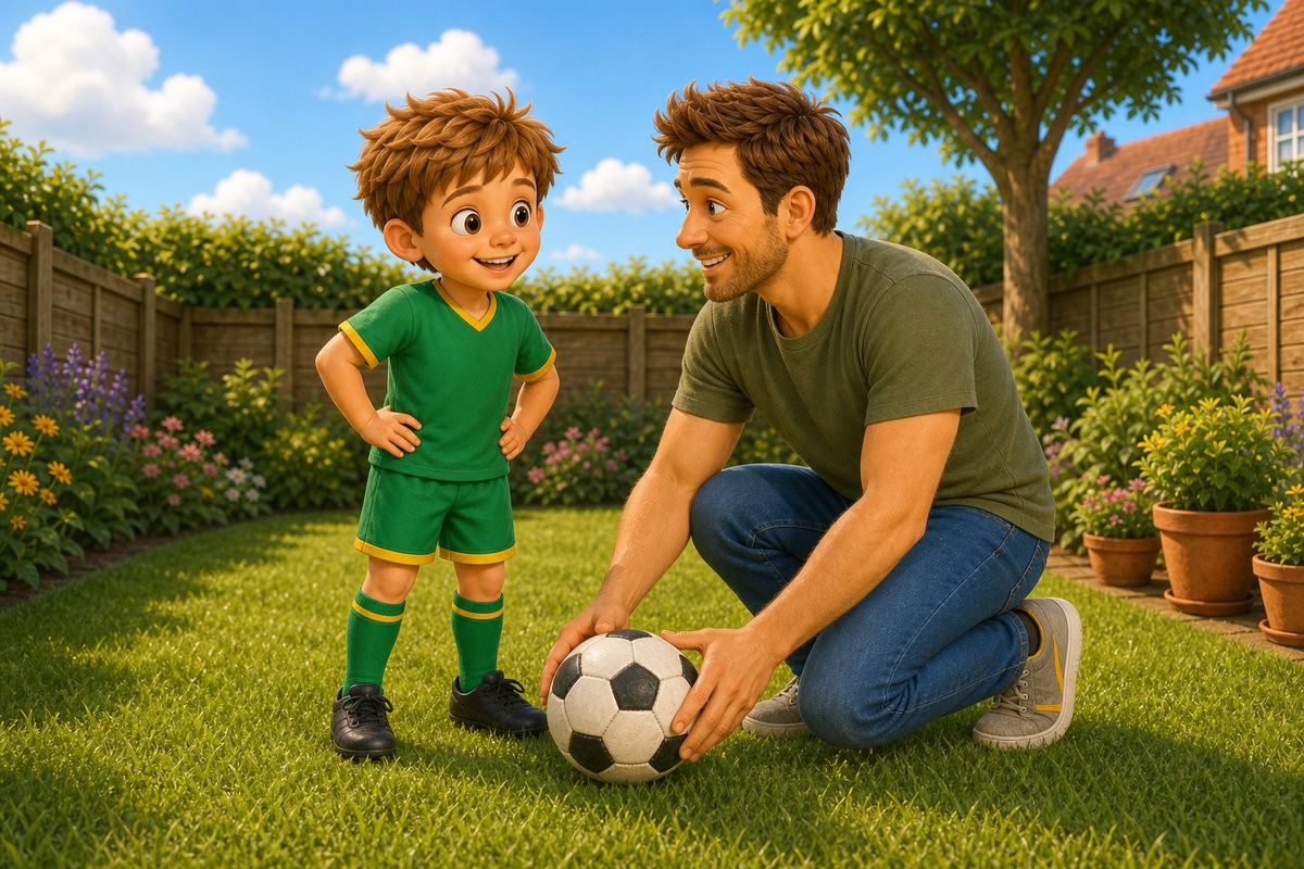 A dad and boy setting the football down together on a small back lawn, both already mid-conversation and smiling slightly, no sense of ceremony about picking play back up