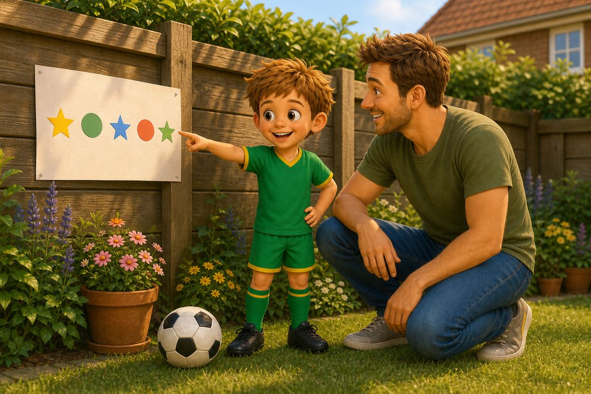 A boy proudly pointing at a simple plain streak chart with a few coloured stars on it, pinned to a fence in a small back garden, with his dad crouched beside him smiling and the football resting nearby