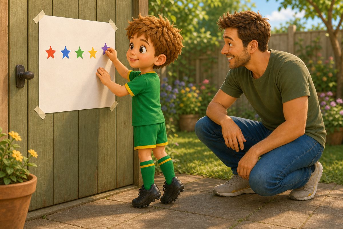 A boy on tiptoes carefully sticking a plain star sticker onto a simple paper chart himself, dad watching from just behind with a warm smile, in a cosy UK garden setting
