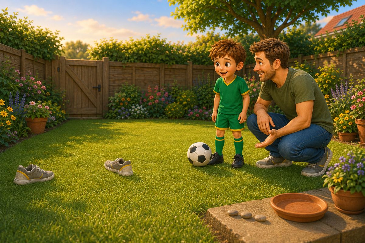 A dad crouched down to a boy's height in a back garden, the two of them looking at a wide gap between two trainers laid flat on the lawn a few steps away, the football resting at the boy's feet and three small pebbles lined up beside an empty saucer on a low step