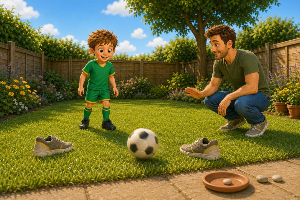 A boy watching a football roll through a very wide gate made of two trainers laid flat on the lawn, from only two or three steps away, while a dad kneels on the grass to one side with a hand raised low in acknowledgement