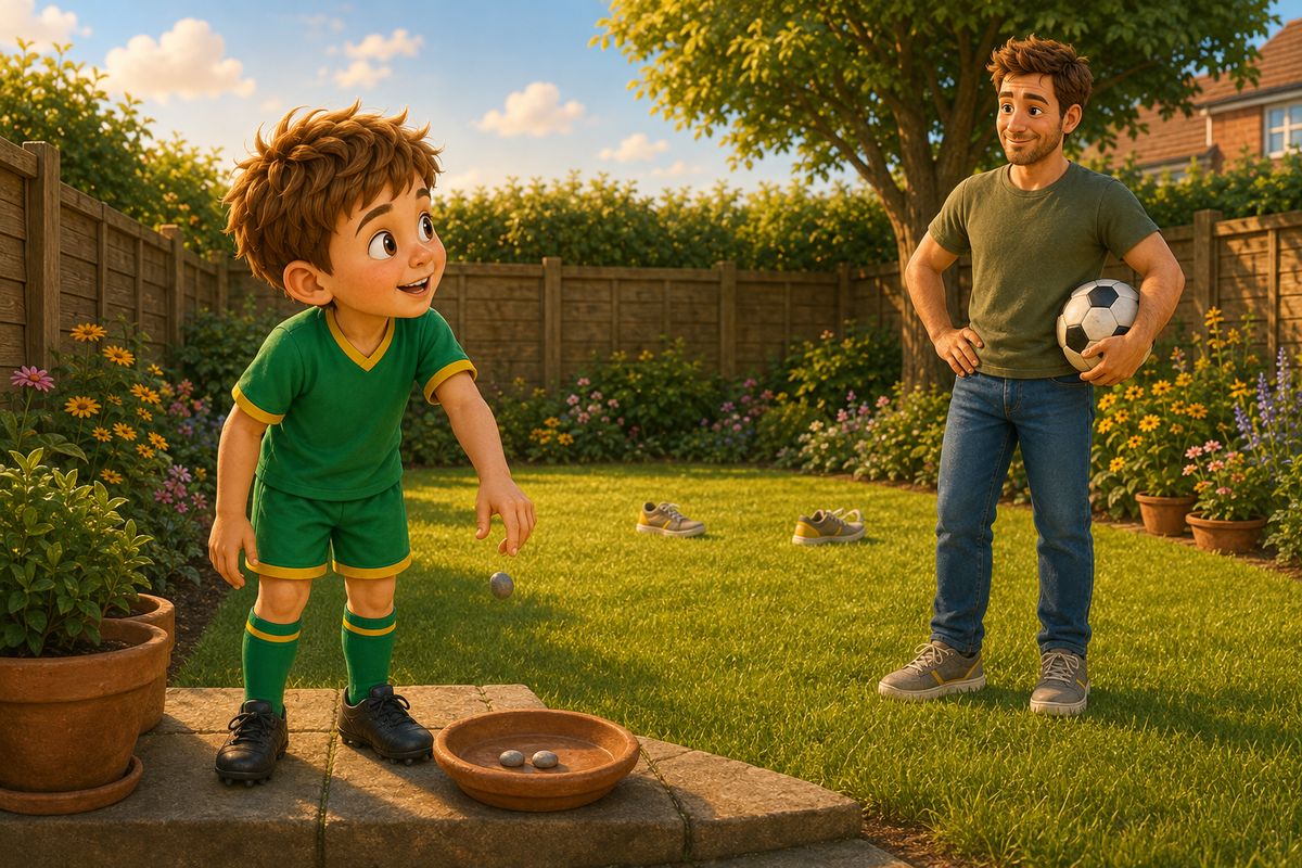 A boy dropping the last of three small pebbles into a saucer on a garden step while a dad tucks the football under his arm, the boy looking up mid-sentence as though asking for another go