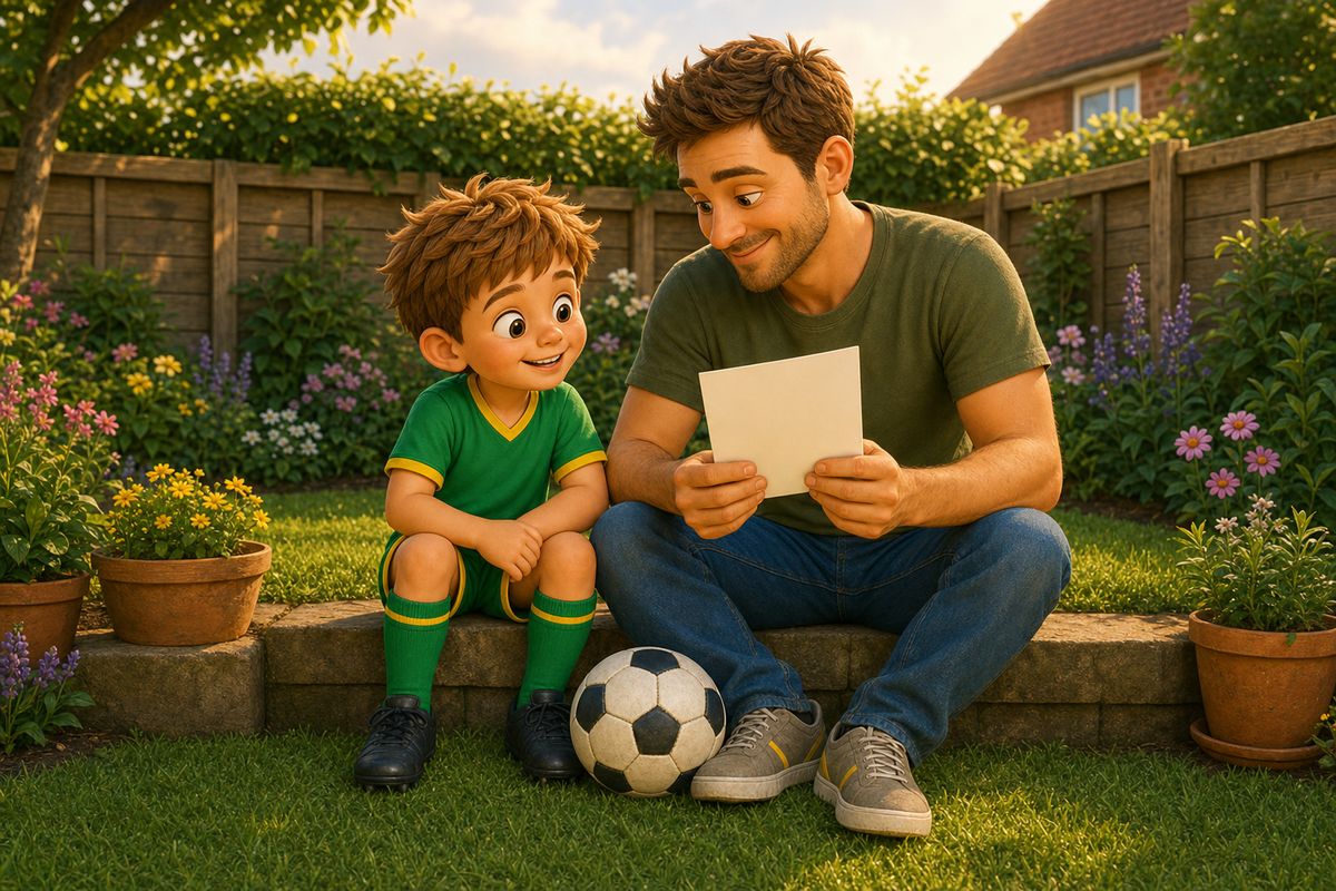 A dad and boy sitting together on a garden step, football resting between them, looking over a plain blank paper card, a calm mid-week check-in rather than active play