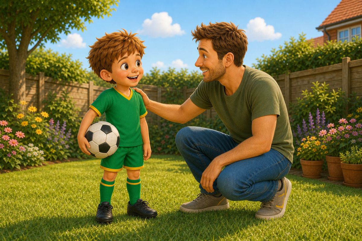 A dad crouching down to a boy's level in a small UK garden, mid-conversation, football held loosely by the boy, a gentle reset moment rather than a scored contest