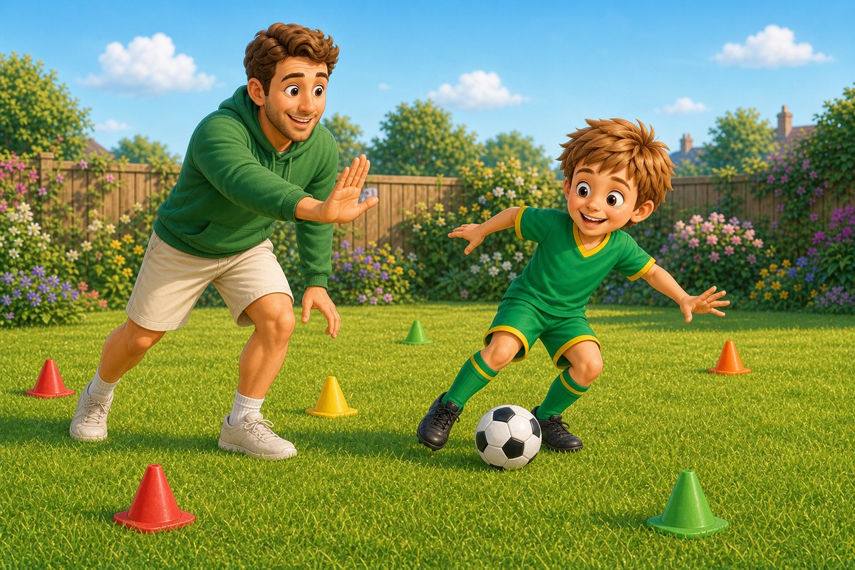 Cartoon boy freezing mid-dribble in an exaggerated wobble pose during a game of traffic-light football, Dad giving a playful stop signal