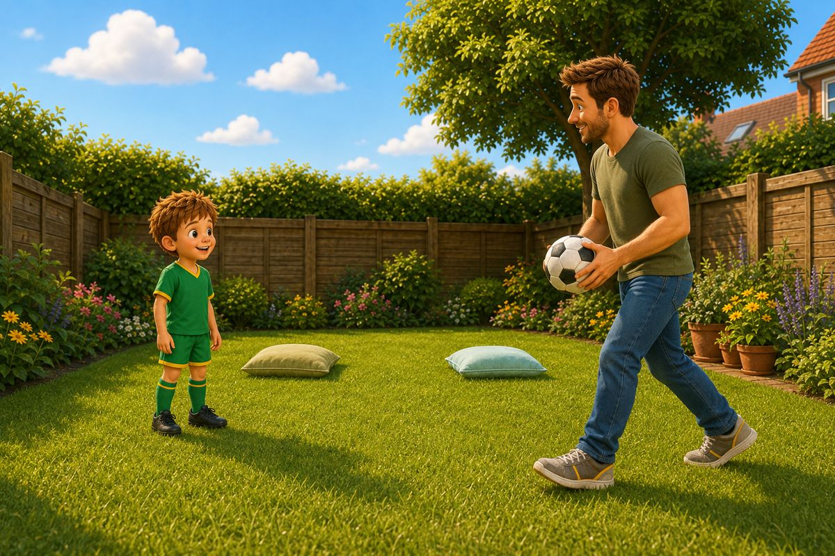 A dad holding a football and taking a step forward across the lawn towards a boy who is waiting to kick, with two soft cushions lying wide apart on the grass behind the boy as a target gap