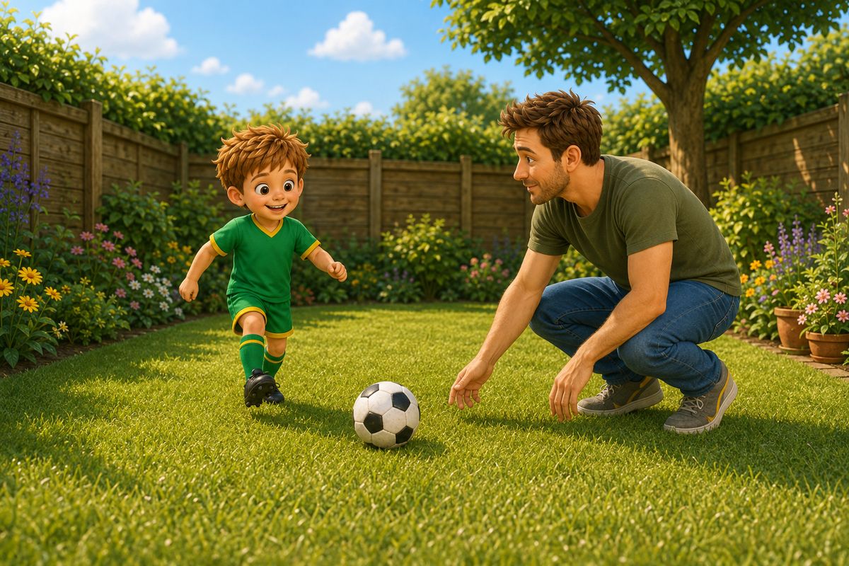 A dad crouched low at the side of the lawn with one hand following through, having rolled a football slowly along the grass towards a boy standing a few steps away with his foot ready