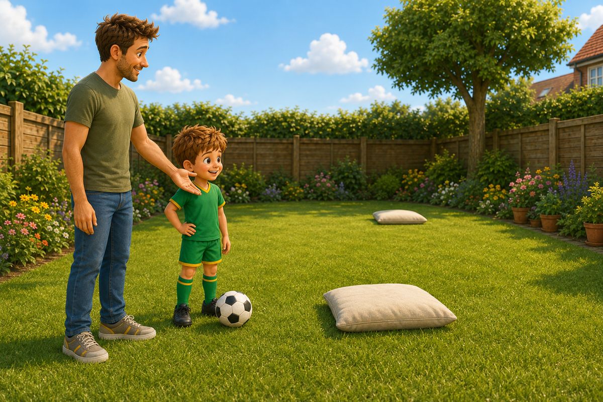 A dad standing beside a boy with an open hand held out towards two soft cushions lying on the lawn at different distances, while the boy looks at them with the football at his feet