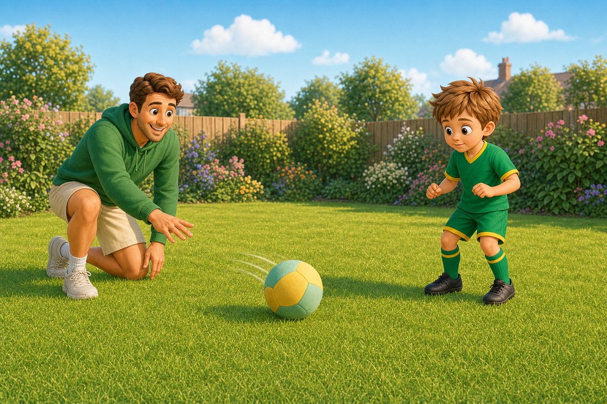 Cartoon dad kneeling several feet away, gently rolling a soft foam football towards his son who looks cautious but curious
