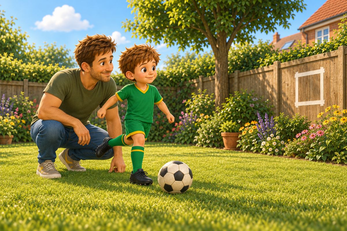 A dad crouching beside a boy in a UK back garden, gently guiding the boy's standing foot into position next to a stationary football with one hand, both looking toward a marked target on a fence a short distance away