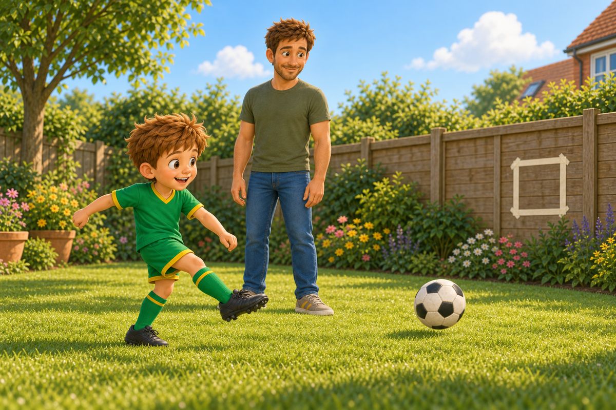 A boy mid-follow-through after striking a football with the inside of his foot in a UK back garden, his kicking leg finishing pointed toward a fence target, a dad watching a short distance away without gesturing