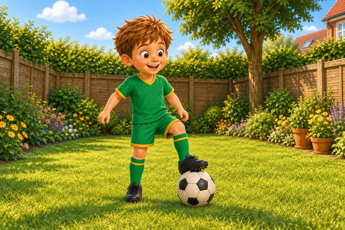 A boy standing in one spot in a small UK garden, mid-tap with the toe of one foot on top of the football, focused and staying roughly in place rather than moving forward.