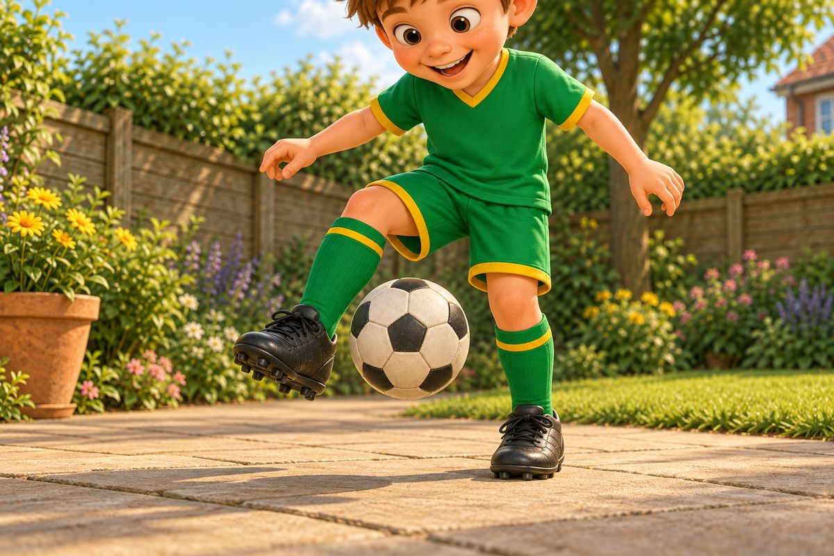 Close-up of a boy's feet alternating light taps on top of a football on a driveway, the ball just leaving one foot for the other.