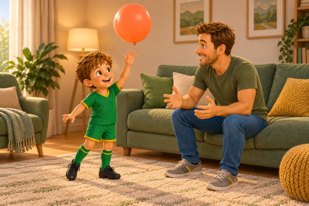 A boy gently tapping a balloon upward while a dad watches with hands ready nearby, in a small UK living room with soft furnishings.