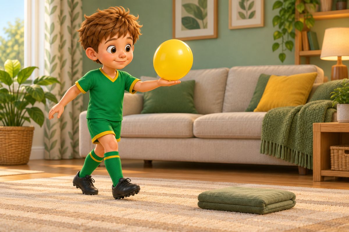 A balloon balanced on an open palm being carried toward a marked spot on the floor.