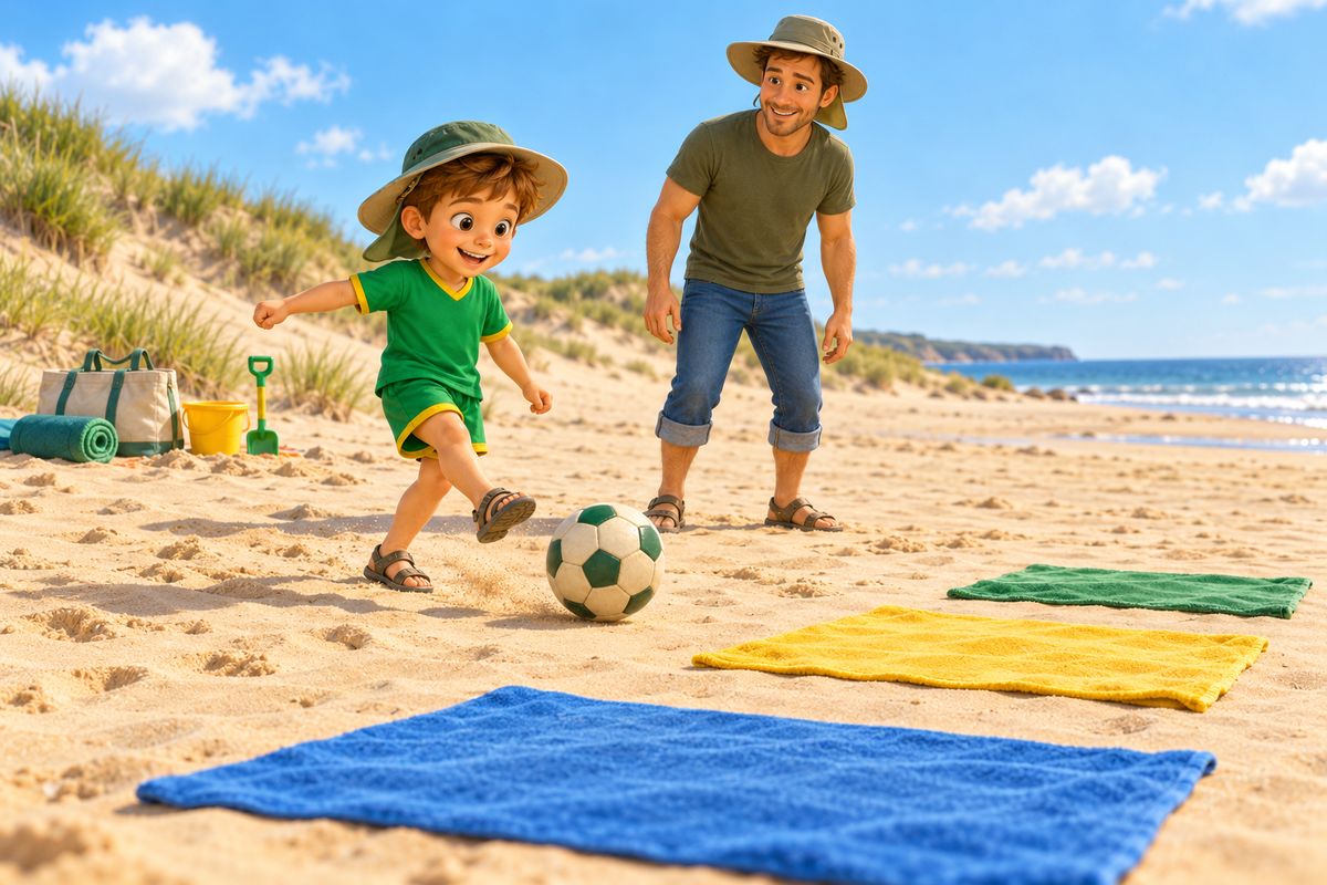 A boy rolls a soft ball toward three towels laid in a row on a sandy beach while a dad watches, with a bucket and spade at their beach spot behind them.