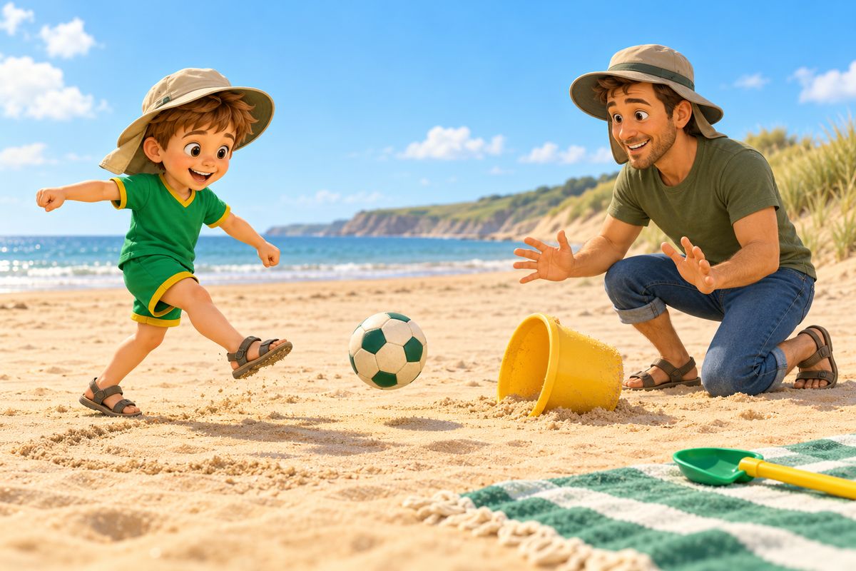 A dad kneels in the sand beside a bucket pressed on its side while a boy side-foots a soft ball toward it.