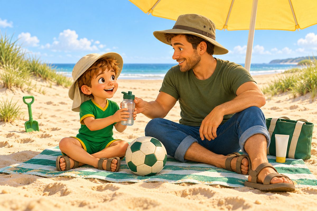 A dad hands a boy a water bottle in the shade of a beach umbrella, both wearing sun hats, with a soft ball resting on a towel.