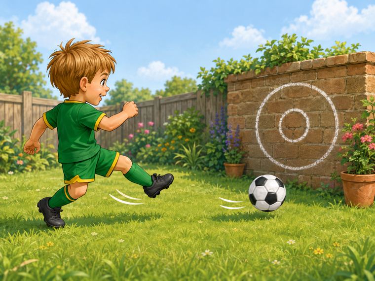 Lucas aiming a football at a simple garden target