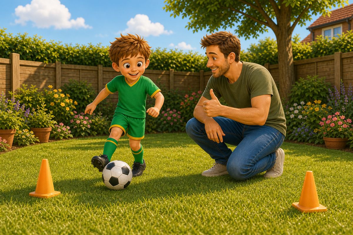 A boy grinning after a successful gentle football touch in a small marked-off corner of a garden, dad crouched beside him giving a warm, low-key thumbs up