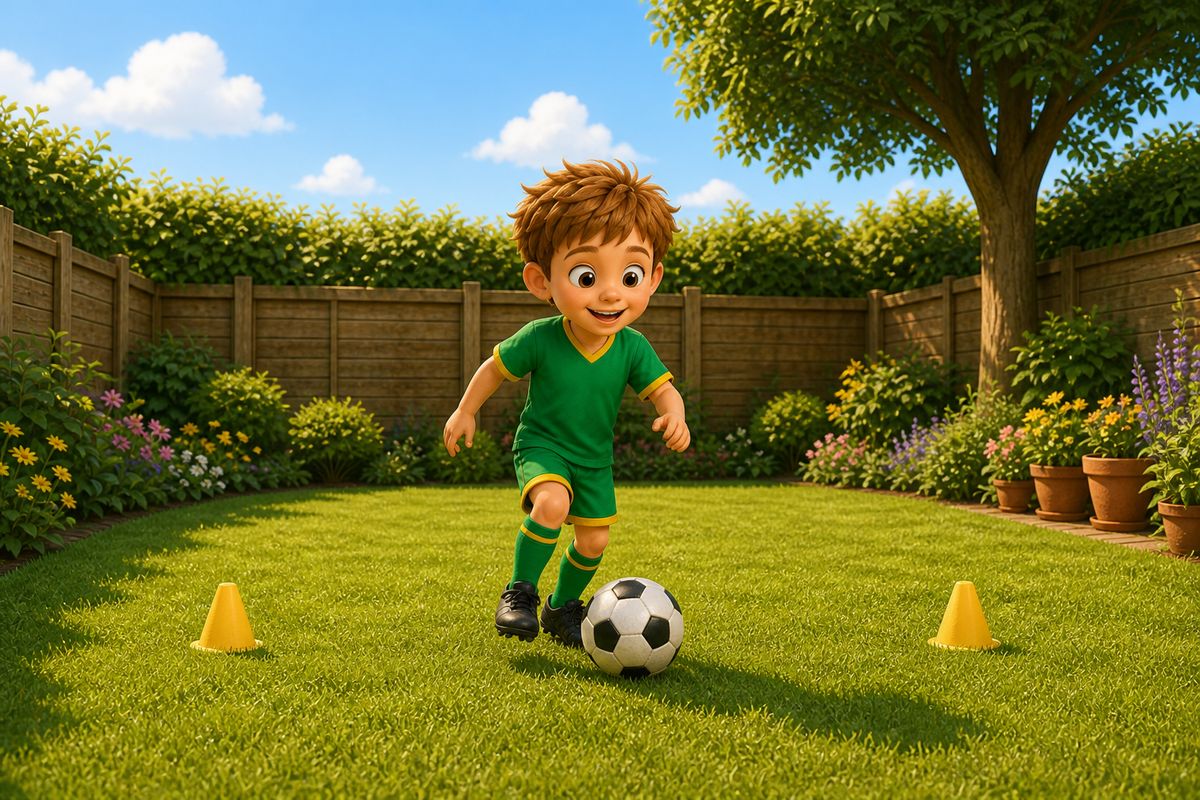 A boy dribbling a football inside a small area bounded by two cones and a garden fence, the rest of the garden visible but clearly outside the play zone