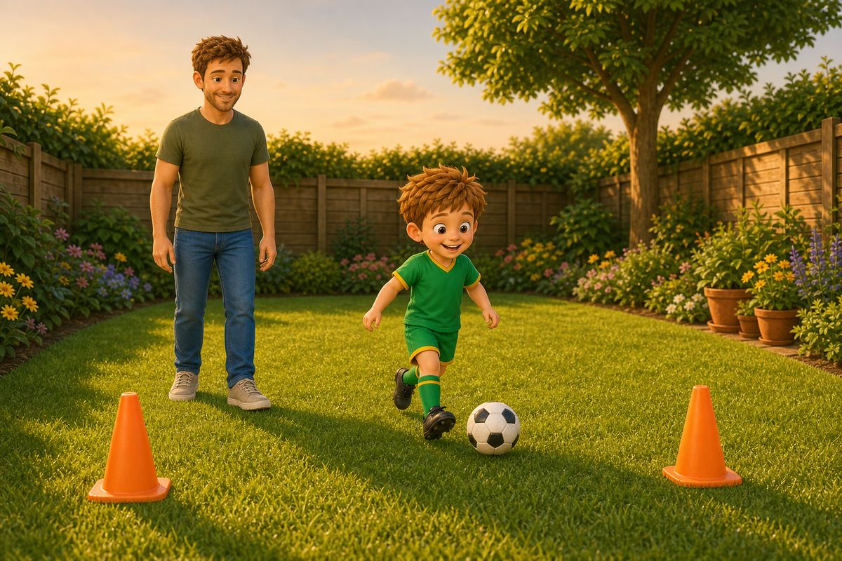 A boy gently rolling a football toward a wide, forgiving target gate made of two cones while dad watches calmly nearby, a soft first taste of scoring