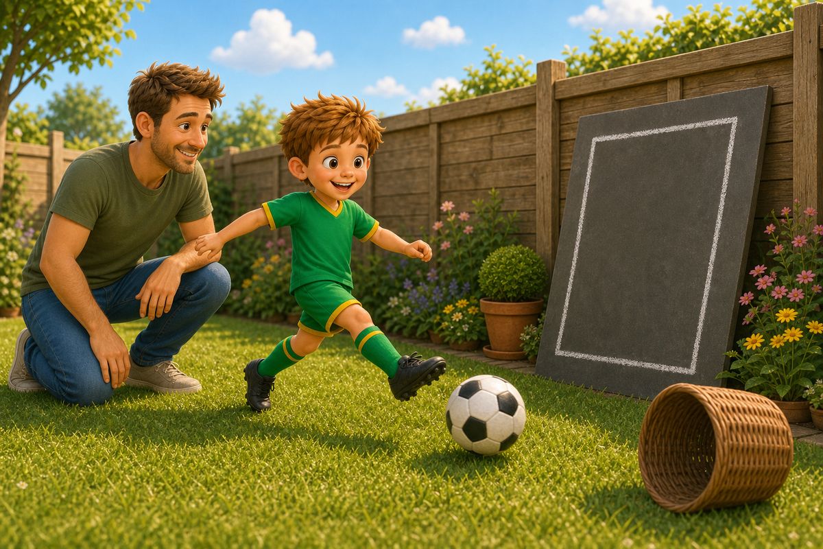 Cartoon dad and boy in a small UK garden, the boy gently pushing a football toward a huge chalk-outlined target propped against a fence