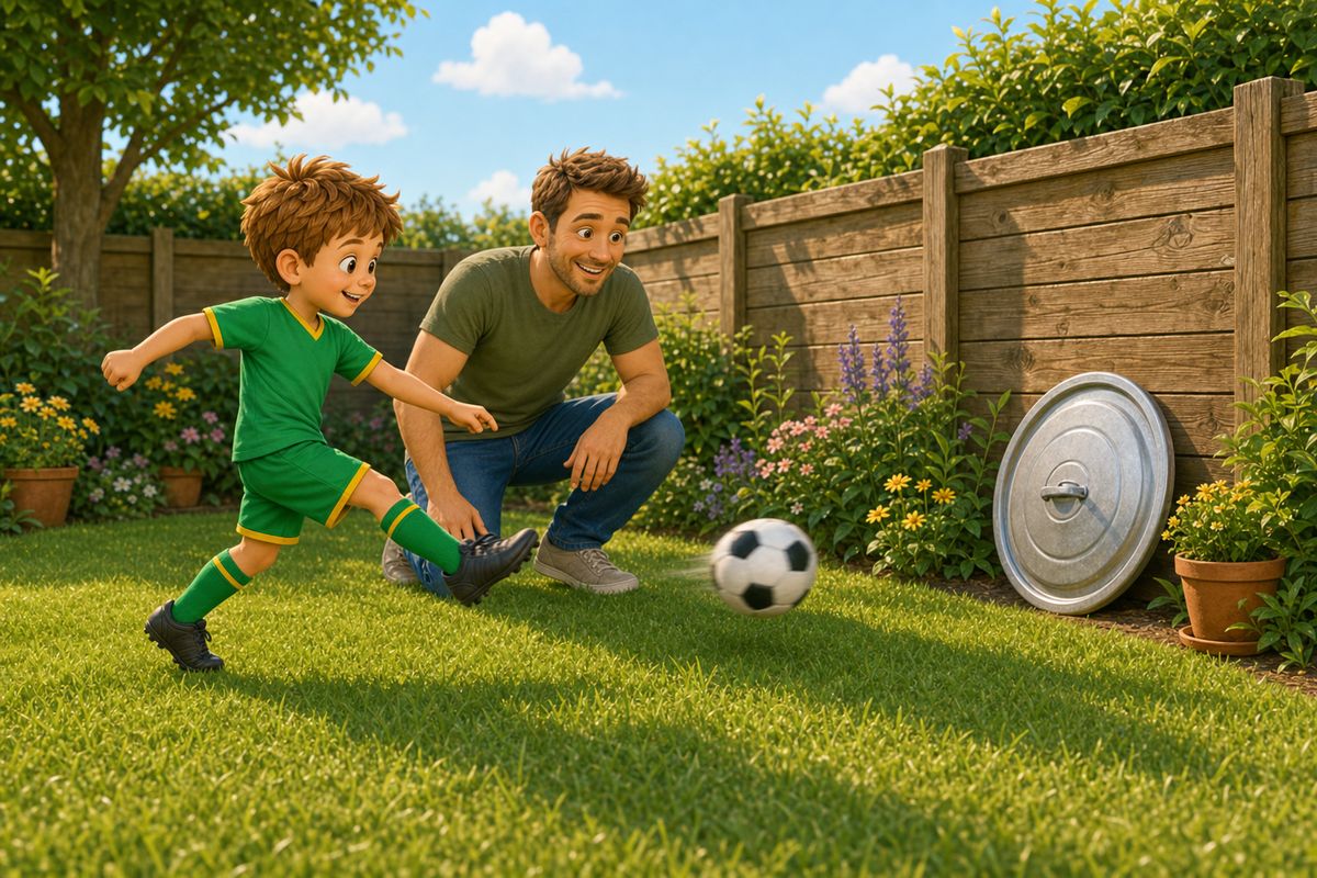 Cartoon boy taking a gentle shot at a large bin-lid target propped against a garden fence, dad watching a stride away