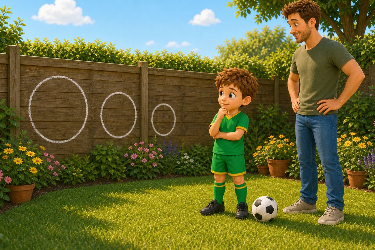 Cartoon boy choosing between three targets of different sizes lined up against a fence, big on the left, small on the right