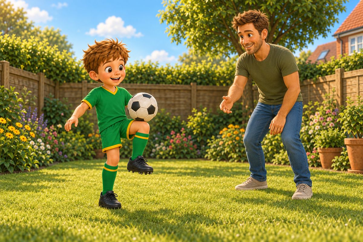 A boy in a garden cushioning a bouncing football on his raised thigh, balanced on his standing leg