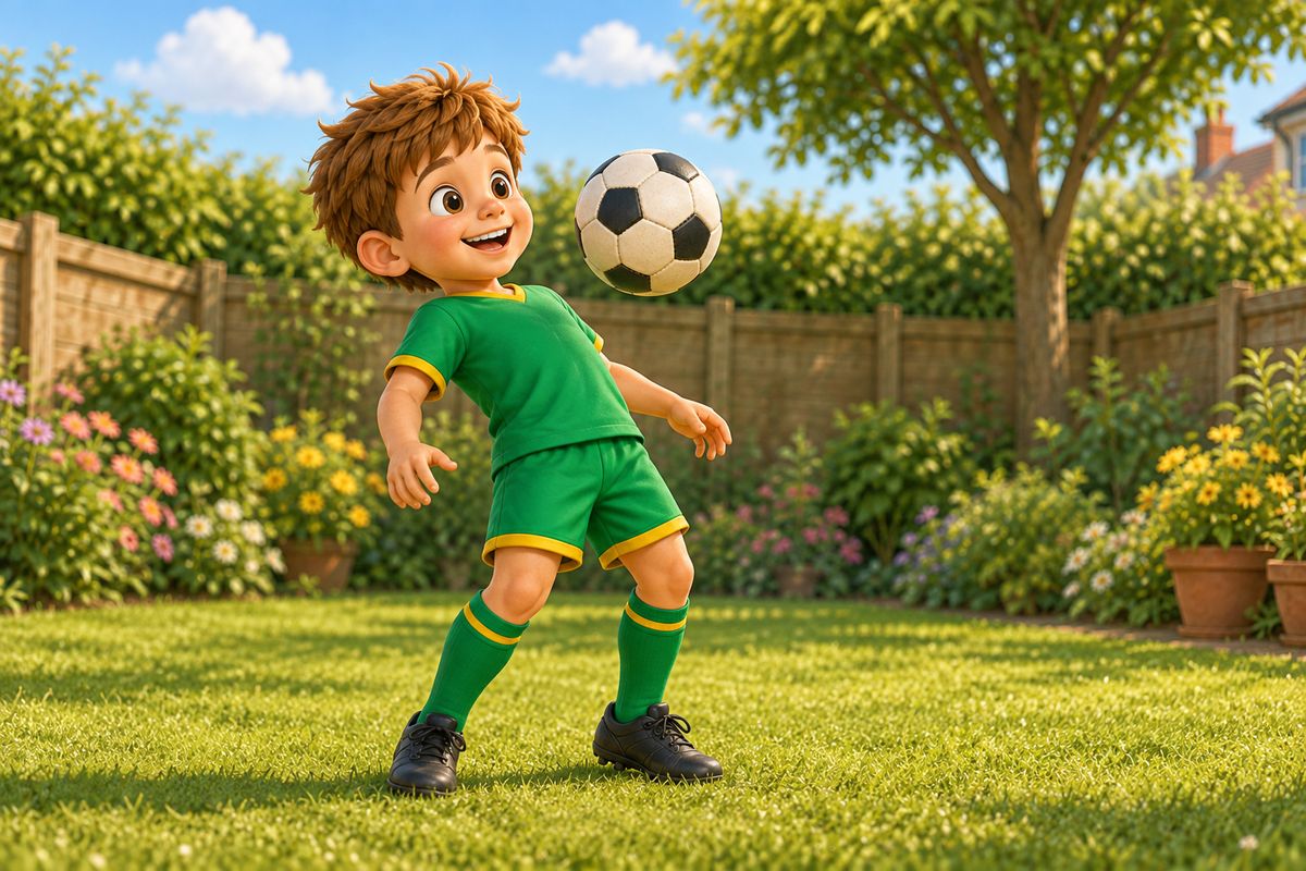 A boy leaning back slightly to cushion an airborne football against his chest in a garden