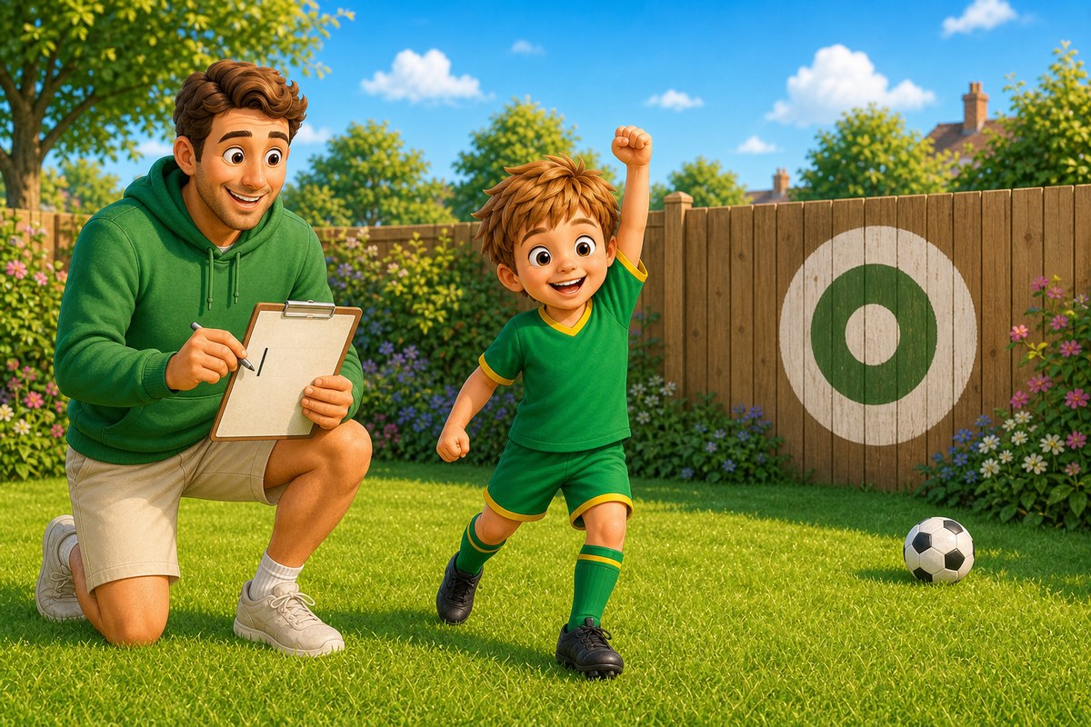 A football rolls safely aside after missing the target while the boy pumps one fist and Dad adds a tally stroke to a clipboard