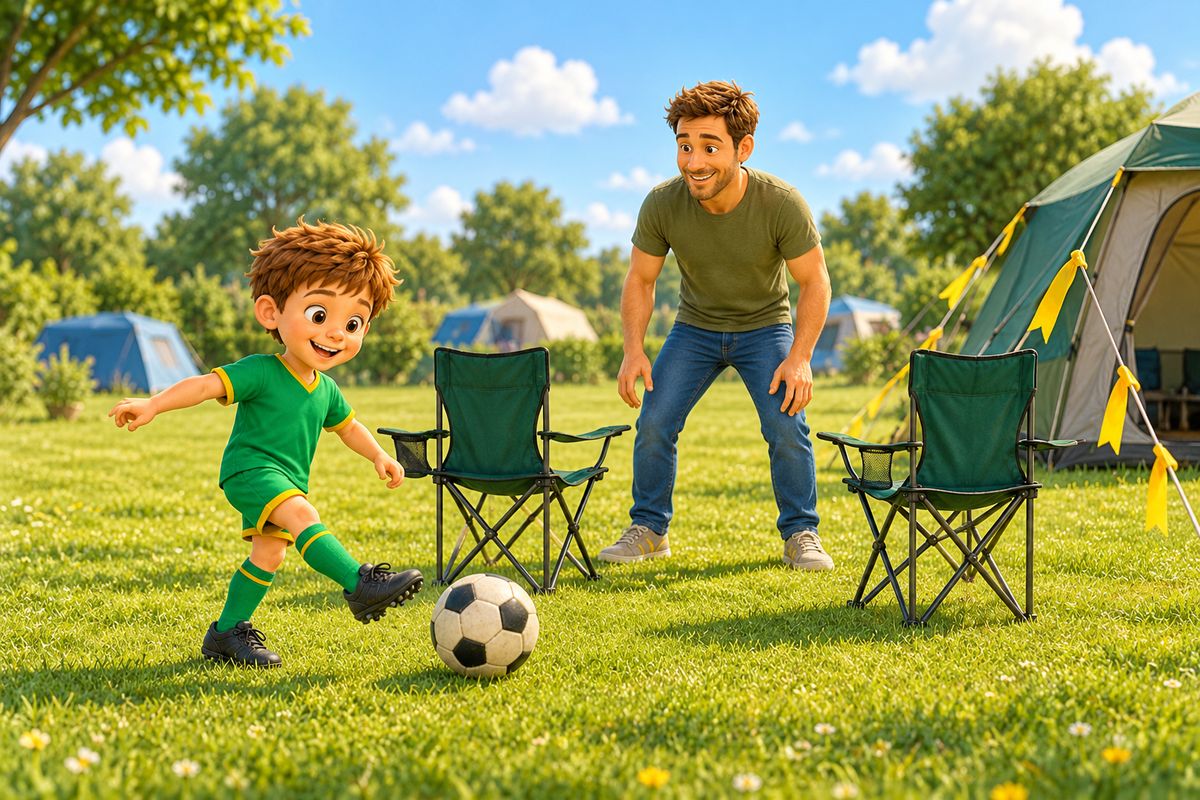 A dad and his boy pass a ball through two camping chairs on a grass pitch beside a pitched tent with bright ribbons on its guy ropes.