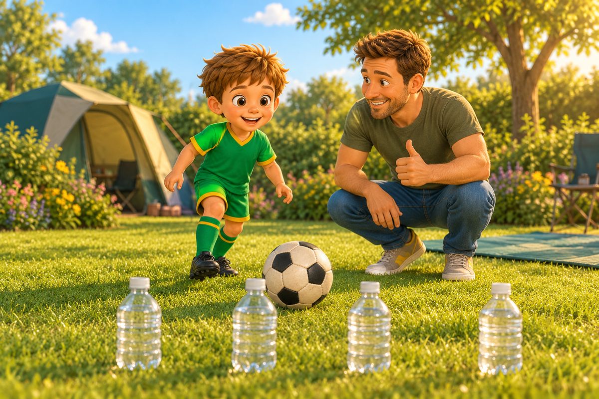 A boy rolls a soft ball towards four plastic water bottles in a row on a flat patch of grass while his dad crouches beside him.