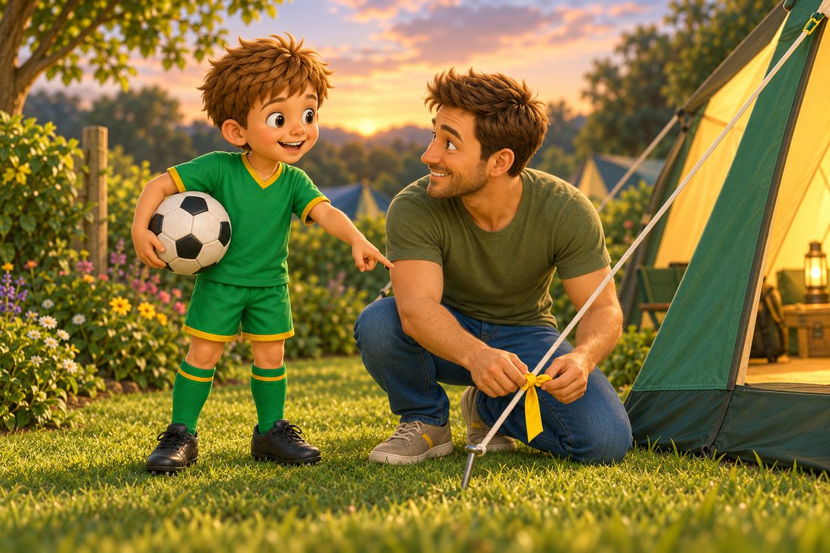 A dad and his boy tie a bright ribbon on a tent guy rope at dusk, the boy holding the ball under his arm.